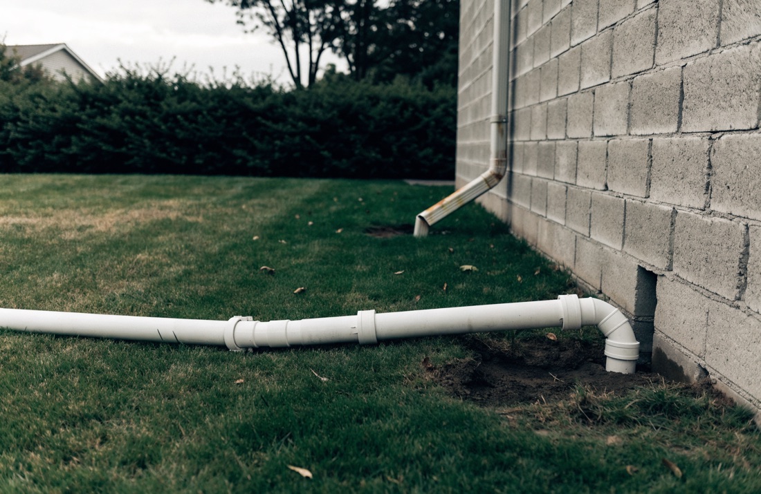 A sump pump discharge line running out through a crawl space foundation wall and away across the ground outside
